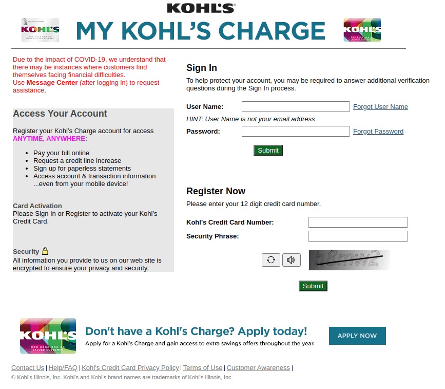 kohls credit card login