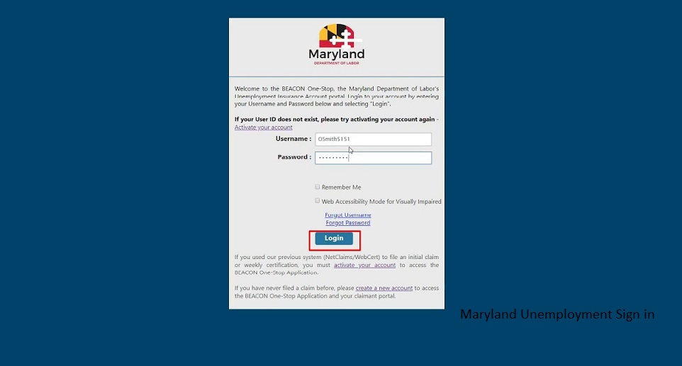 Maryland Unemployment Sign in Page